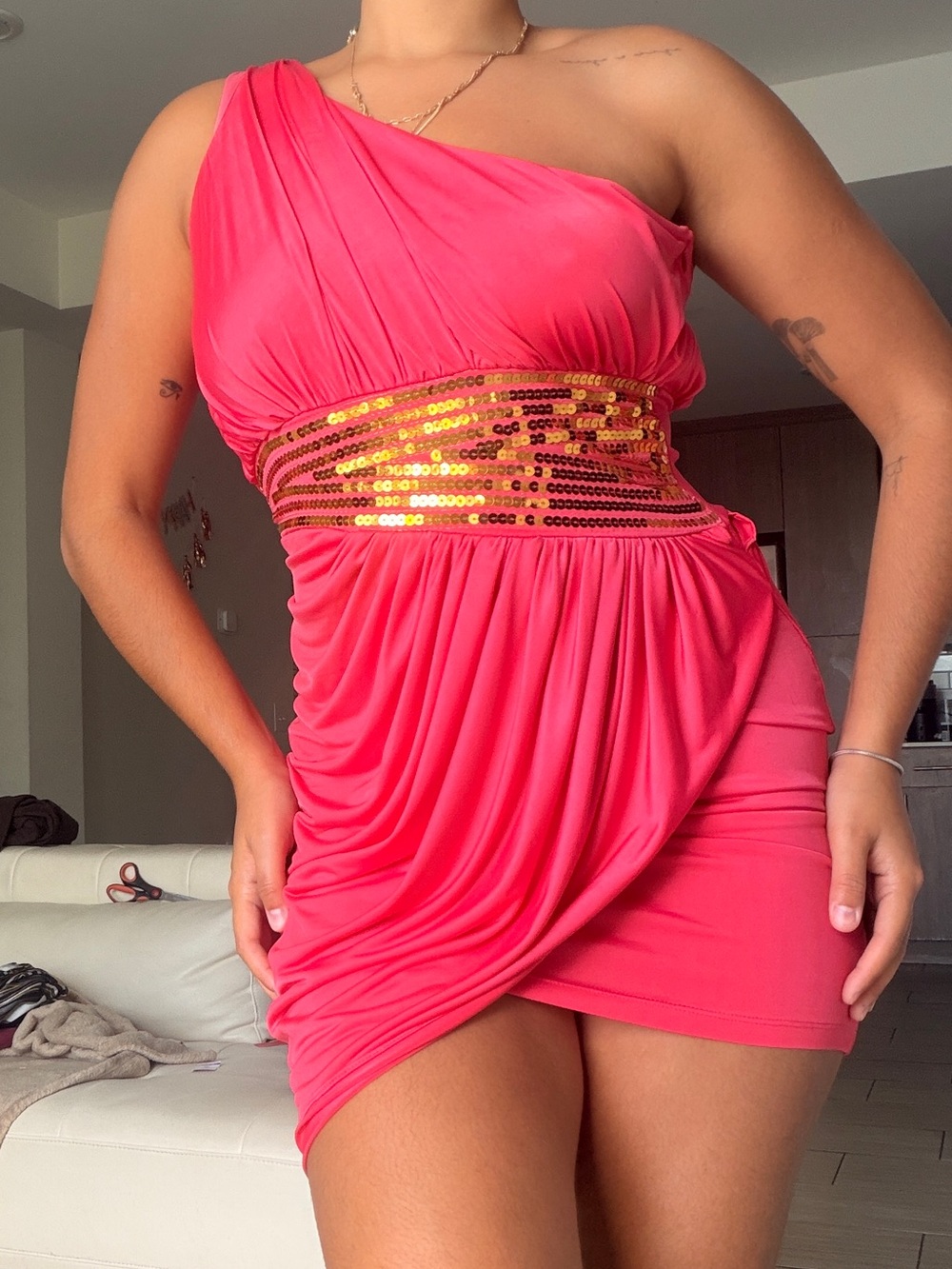 2010s bebe One-Shoulder Hot Pink Mini Dress with Gold Waist